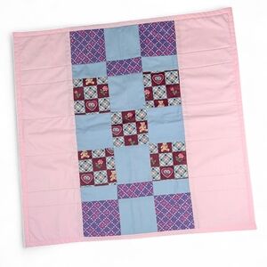 Handmade Vintage Baby Quilt Cotton Crib Blanket Pink Blue Square Patchwork Bears
